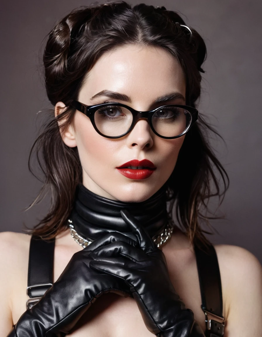 A polaroid shot of an intelligent 35-year-old dominant brunette with disheveled hair, a very thin face, pale white skin, very high cheekbones, large full lips, the largest lips, small glasses, deep mouth, dark plump glossy lips, very bright makeup. Very thin. Naked sexy model. in bdsm style. Wearing in leather gloves. A magnificent hairstyle. Shiny steel bracelets on top of black gloves. and Shiny steel bracelet necklaces are on her wrists. She wears a leather harness over her head and face. Leather garters on his feet. A sexy pose. 
