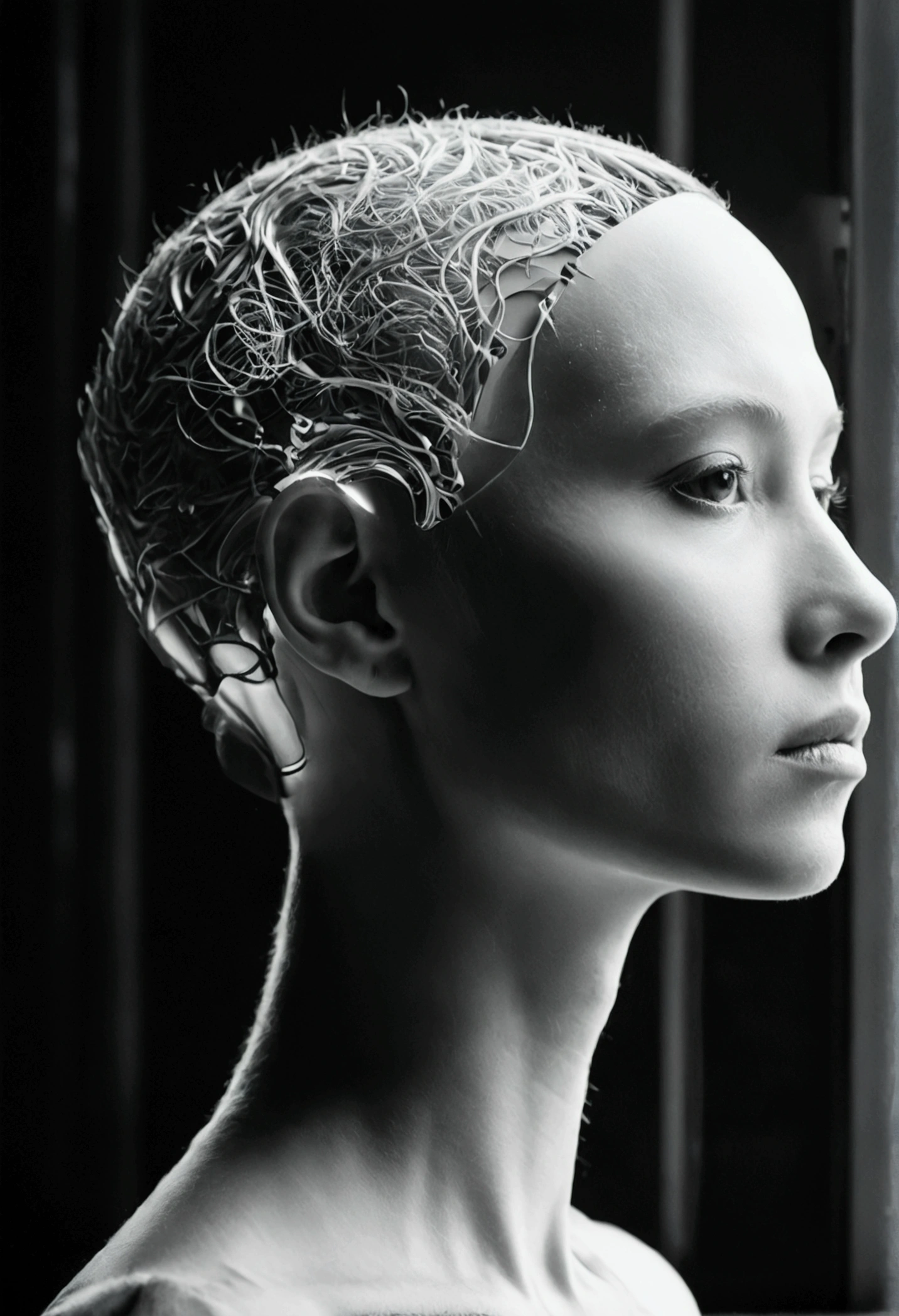 A person's head becomes a complex TV,Black and white photo album cover,Minimalist fuzzy style