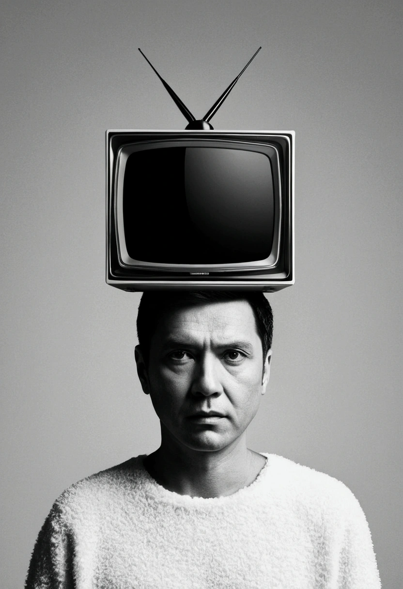 A person&#39;s head becomes a complex TV，Black and white photo album cover，Minimalist fuzzy style