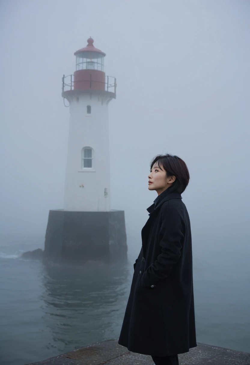 Beautiful 36-year-old Korean woman, Short hair, black coat, 멀리 Fog속 lighthouse, cool,rain,blur,Fog,middle,cool,boring,,pier,Only,lighthouse,Coast, The dim light shines in the Fog,and the figure stands in the Fog holding . Full body shot with Canon camera 16-35 wide angle lens, It&#39;s getting dark and it&#39;s a little dark., Street lamp