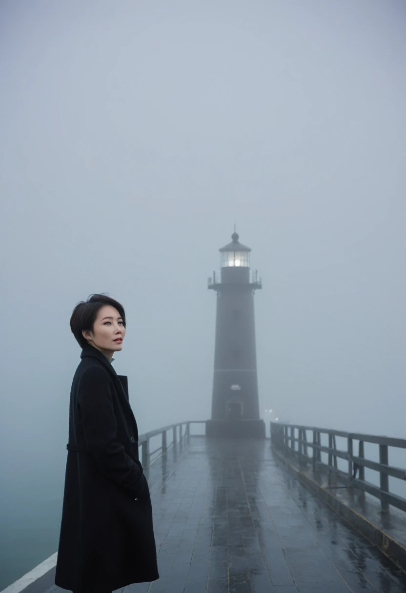 Beautiful 36-year-old Korean woman, Short hair, black coat, 멀리 Fog속 lighthouse, cool,rain,blur,Fog,middle,cool,boring,,pier,Only,lighthouse,Coast, The dim light shines in the Fog,and the figure stands in the Fog holding . Full body shot with Canon camera 16-35 wide angle lens, It's getting dark and it's a little dark., Street lamp