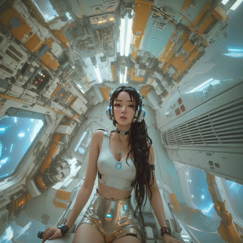 arafed woman On the space station with a camera, In a futuristic spaceship, On the space station, In spaceships, On the spacecraft, On the space station上, Fantastic cyberpunk girl, Mixed style beeple, In a crashed spaceship, In the city of the future, Girl in Space, Low-key cyberpunk style, Movie. Leng Jun