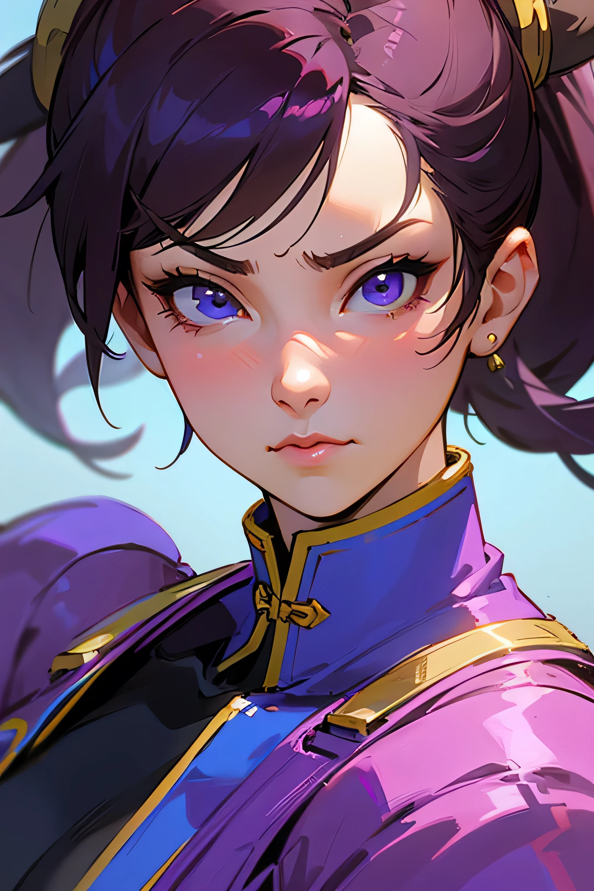 a close up of a woman with purple hair and a purple jacket, Chun-Li's portrait, as a character in Tekken, portrait of Chun-Li, Badass anime 8 K, Juri Han, de Street Fighter, extremely detailed artegerm, artegerm ; Motor irreal 3d, katana zero video game character, Chun-Li