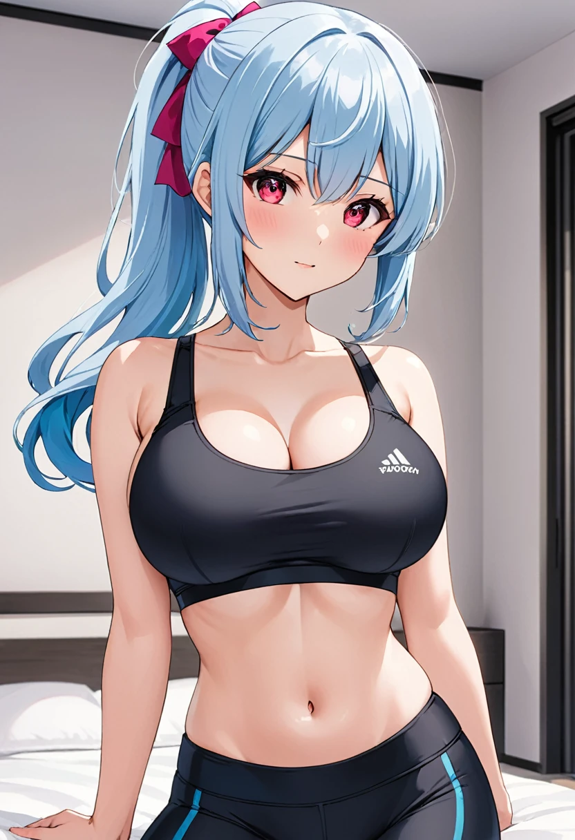 My name is Yukiko.I am a white test woman with long light blue hair,red eye color.I am 1.62 cm tall . My breasts measure 200 cm, my waist 40 cm and my hips 200 cm. Dressed in a black and pink sports bra, along with a short pink panties and her hair tied in a ponytail with a bang. With big breasts 200 cm