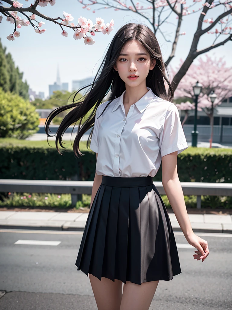 1girl, black skirt, branch, building, chain-link fence, cherry blossoms, fence, long hair, outdoors, petals, pleated skirt, rain, shirt, short sleeves, skirt, solo, standing, tree,
sky,street,Raw, cinematic shot, (sharp focus:1.5), (photorealistic:1.4), twilight lighting, volumetric lighting, ultra high res, 16K,dramatic lighting,