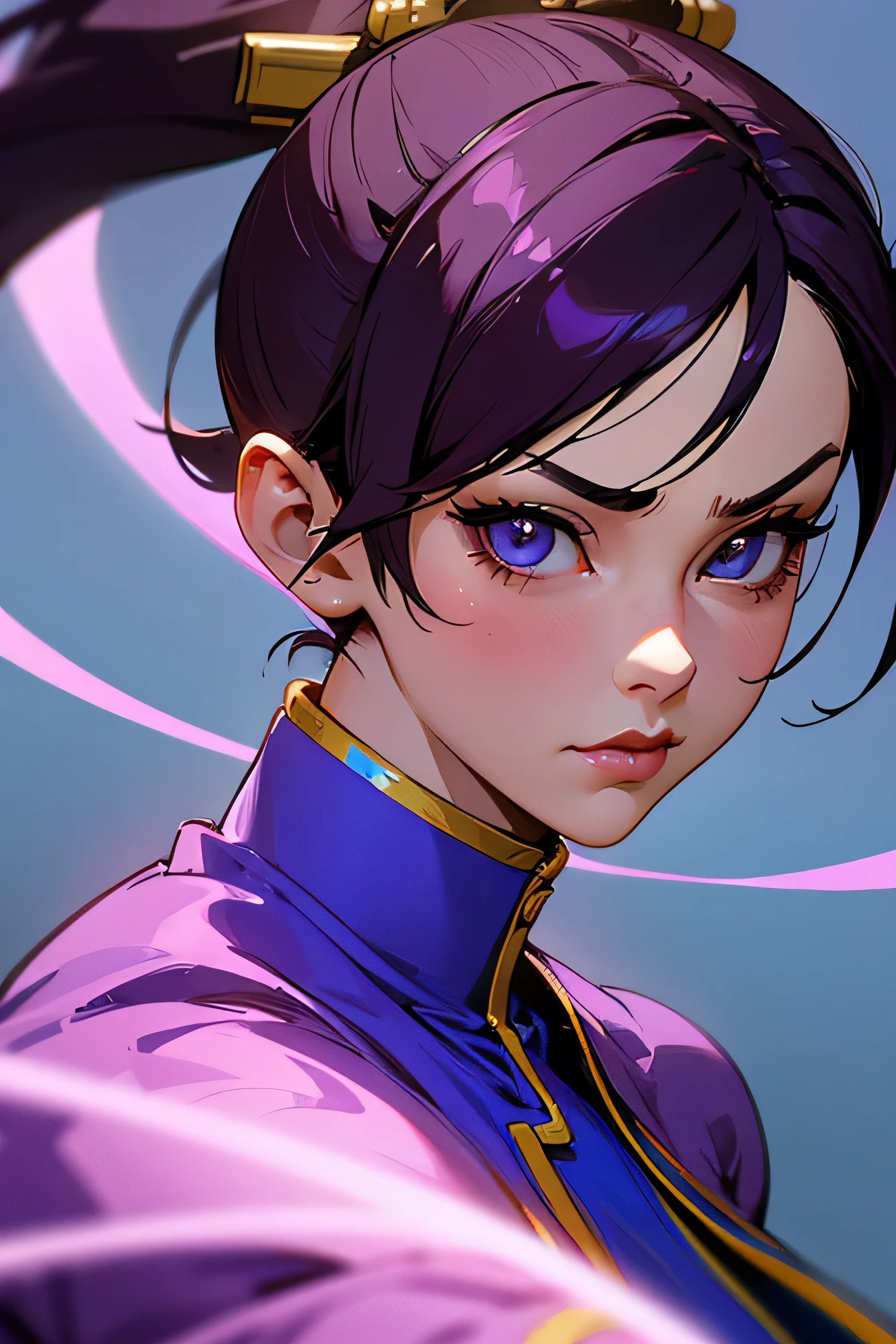 a close up of a woman with purple hair and a purple jacket, Chun-Li's portrait, as a character in Tekken, portrait of Chun-Li, Badass anime 8 K, Juri Han, de Street Fighter, extremely detailed artegerm, artegerm ; Motor irreal 3d, katana zero video game character, Chun-Li