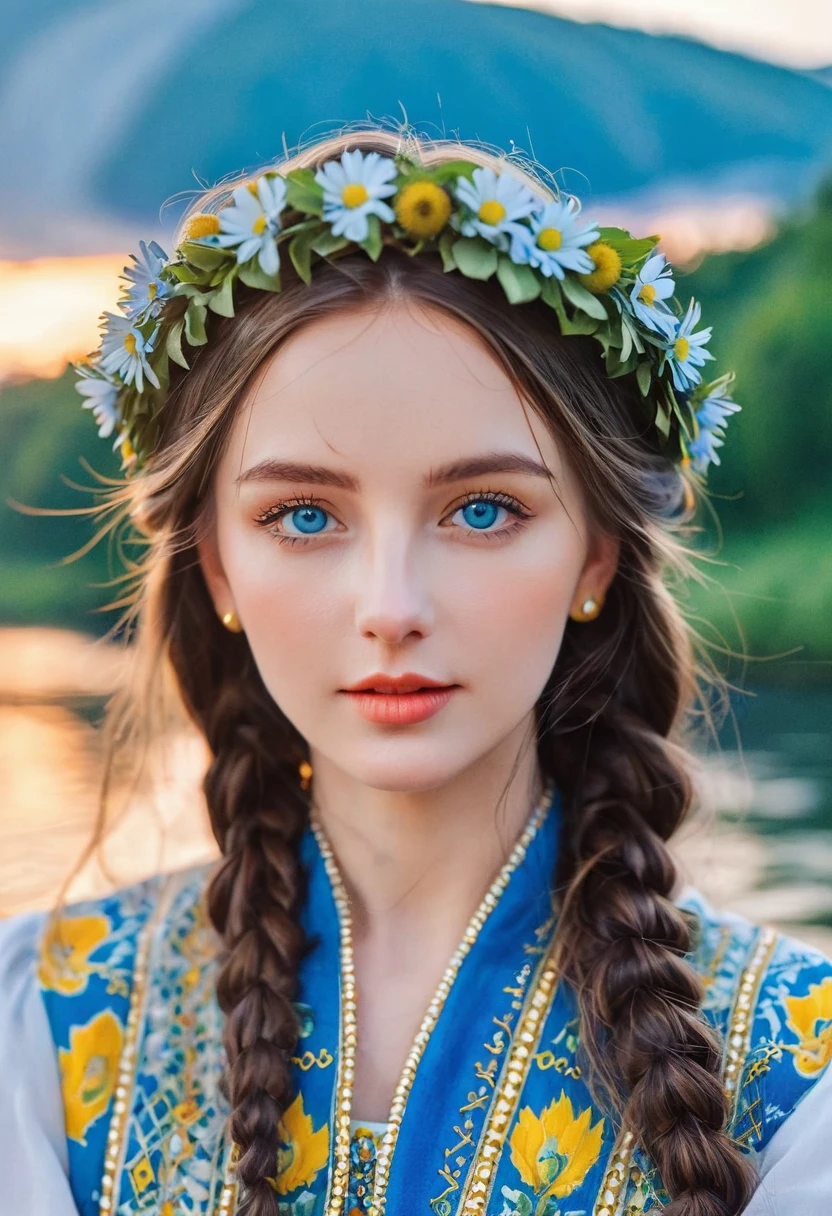 20-year-old woman in Ukrainian clothing,Wearing a flower crown on his head,blue eyes,Background with river and blue sky,Light afternoon sunset,Realistic illustrations