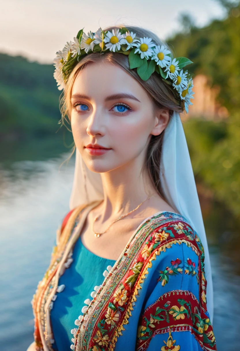 20-year-old woman in Ukrainian clothing,Wearing a flower crown on his head,blue eyes,Background with river and blue sky,Light afternoon sunset,Realistic illustrations
