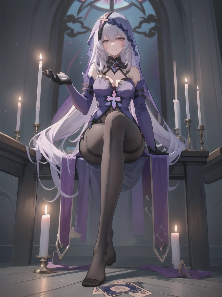 ((masterpiece,best quality)), 1girl, blackswan, veil, elbow gloves, black pantyhose, no shoes, sitting, crossed legs, (from below:1.2), smile, holding card, tarot, full body, candle,