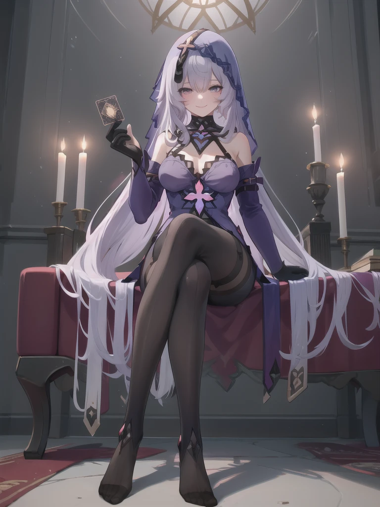 ((masterpiece,best quality)), 1girl, blackswan, veil, elbow gloves, black pantyhose, no shoes, sitting, crossed legs, (from below:1.2), smile, holding card, tarot, full body, candle,