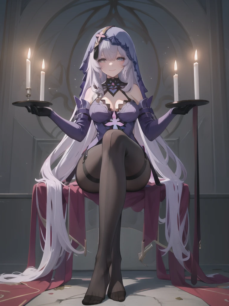 ((masterpiece,best quality)), 1girl, blackswan, veil, elbow gloves, black pantyhose, no shoes, sitting, crossed legs, (from below:1.2), smile, holding card, tarot, full body, candle,