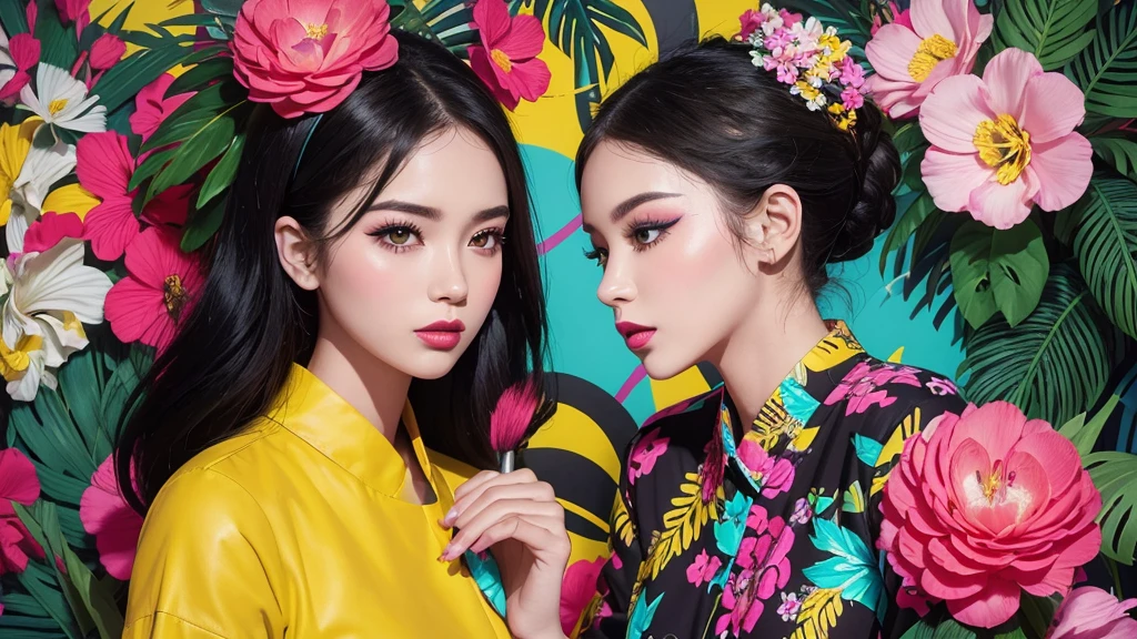 Create a pop art style digital artwork, Bold makeup and colorful fashion、Featuring vibrant and confident women, Cinematic color scheme, Surrounded by vintage floral patterns, Powerful brushwork,The atmosphere should be dynamic., Upper Body, drawing, figure, grayscale, tropical, Adubon fruit, Adubon Plants, Lots of flowers, vector, oil, Asian Girl, black eye