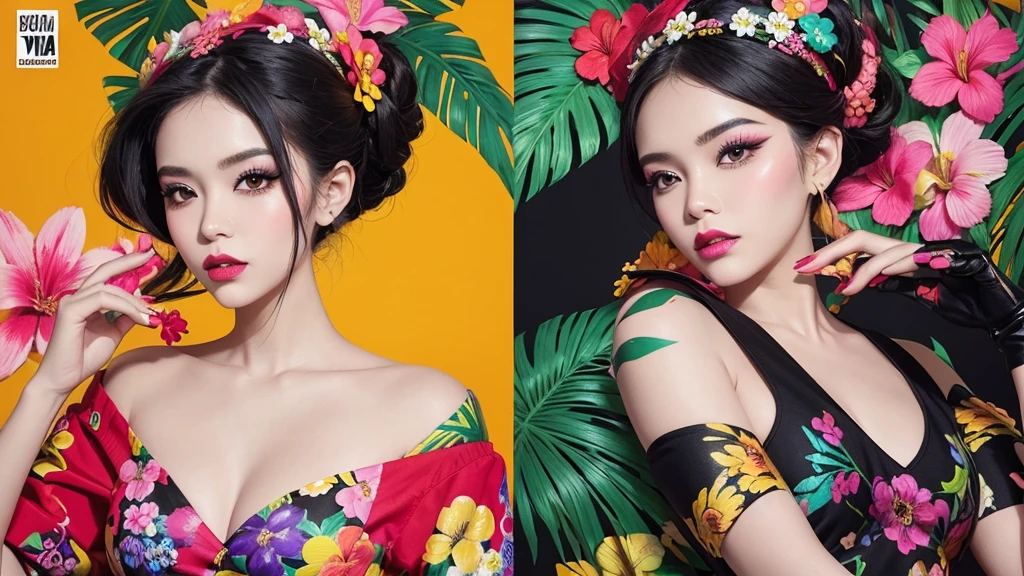 Create a pop art style digital artwork, Bold makeup and colorful fashion、Featuring vibrant and confident women, Cinematic color scheme, Surrounded by vintage floral patterns, Powerful brushwork,The atmosphere should be dynamic., Upper Body, drawing, figure, grayscale, tropical, Adubon fruit, Adubon Plants, Lots of flowers, vector, oil, Asian Girl, black eye
