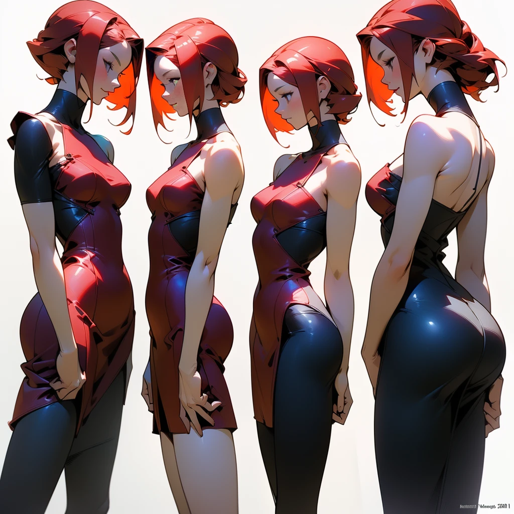 ((Best Quality)), ((Masterpiece)), ((Realistic)) 21 year old, redhead girl, shoulder length hair, relaxed happy face ((slender)) (busty), ((( elegant strapless red bodycon dress ))) (( sexy )) textured pixie haircut (((detailed character sheet, frontal view, side view, three quarter view))) (((white background))) 6 and a half heads full body