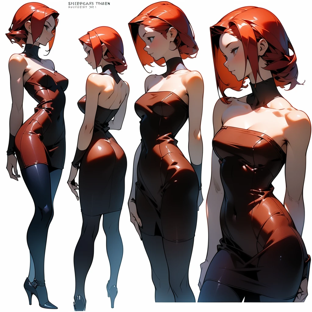 ((Best Quality)), ((Masterpiece)), ((Realistic)) 21 year old, redhead girl, shoulder length hair, relaxed happy face ((slender)) (busty), ((( elegant strapless red bodycon dress ))) (( sexy )) textured pixie haircut (((detailed character sheet, frontal view, side view, three quarter view))) (((white background))) 6 and a half heads full body
