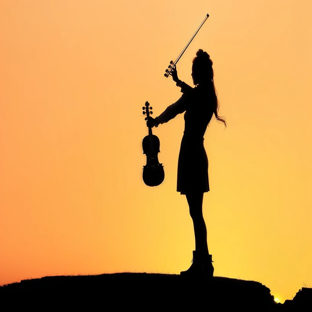 contour of a woman holding a violin and a violin case, standing on top of a violin, violin, Superb composition!!!, In the sunset, contour over sunset, contour :7, Absolutely outstanding image, Beautiful composition, contour, contour!!!, (fantasy violin), detailed contour, Sunset, contour, music is life, fantasy violin, Music fills the air