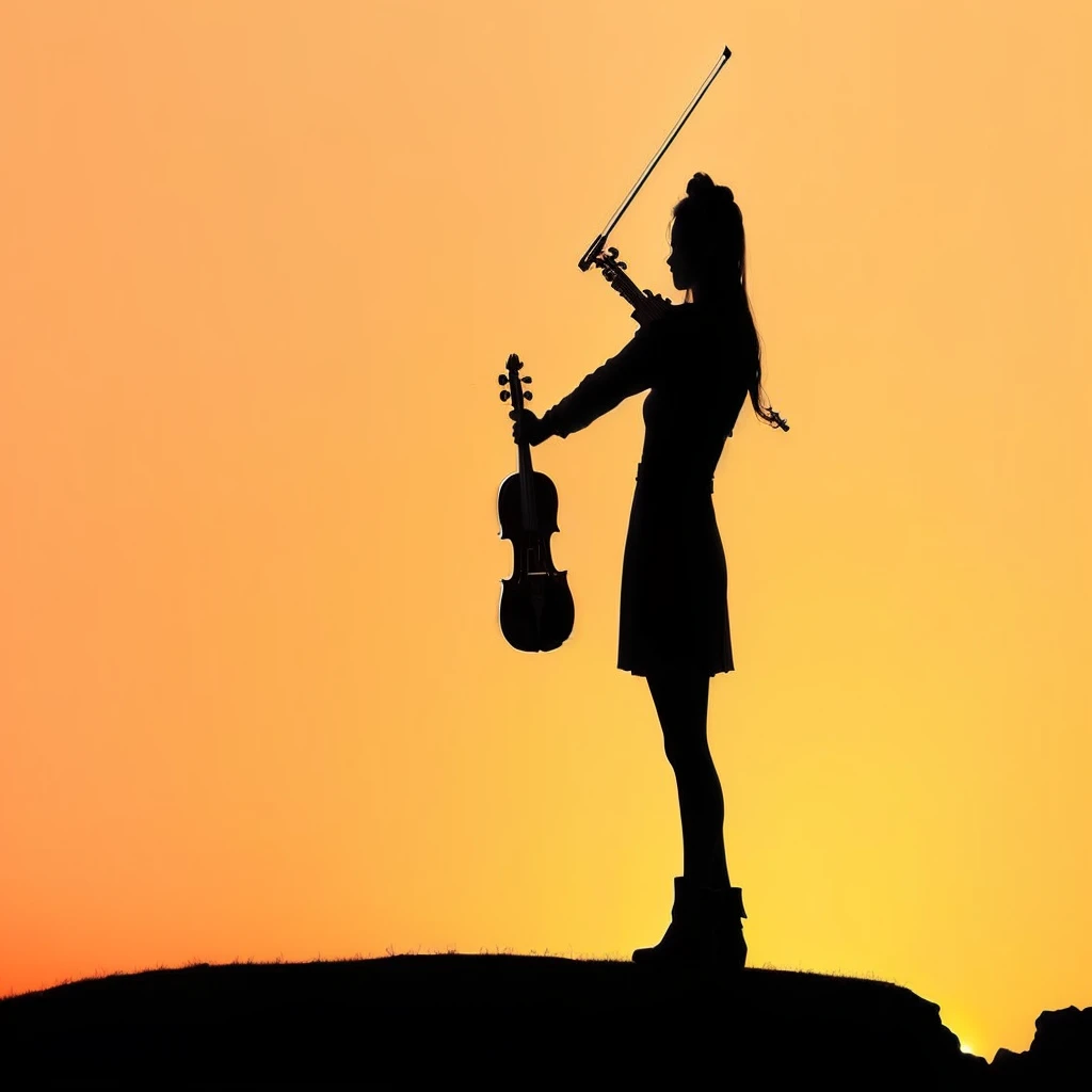 contour of a woman holding a violin and a violin case, standing on top of a violin, violin, Superb composition!!!, In the sunset, contour over sunset, contour :7, Absolutely outstanding image, Beautiful composition, contour, contour!!!, (fantasy violin), detailed contour, Sunset, contour, music is life, fantasy violin, Music fills the air