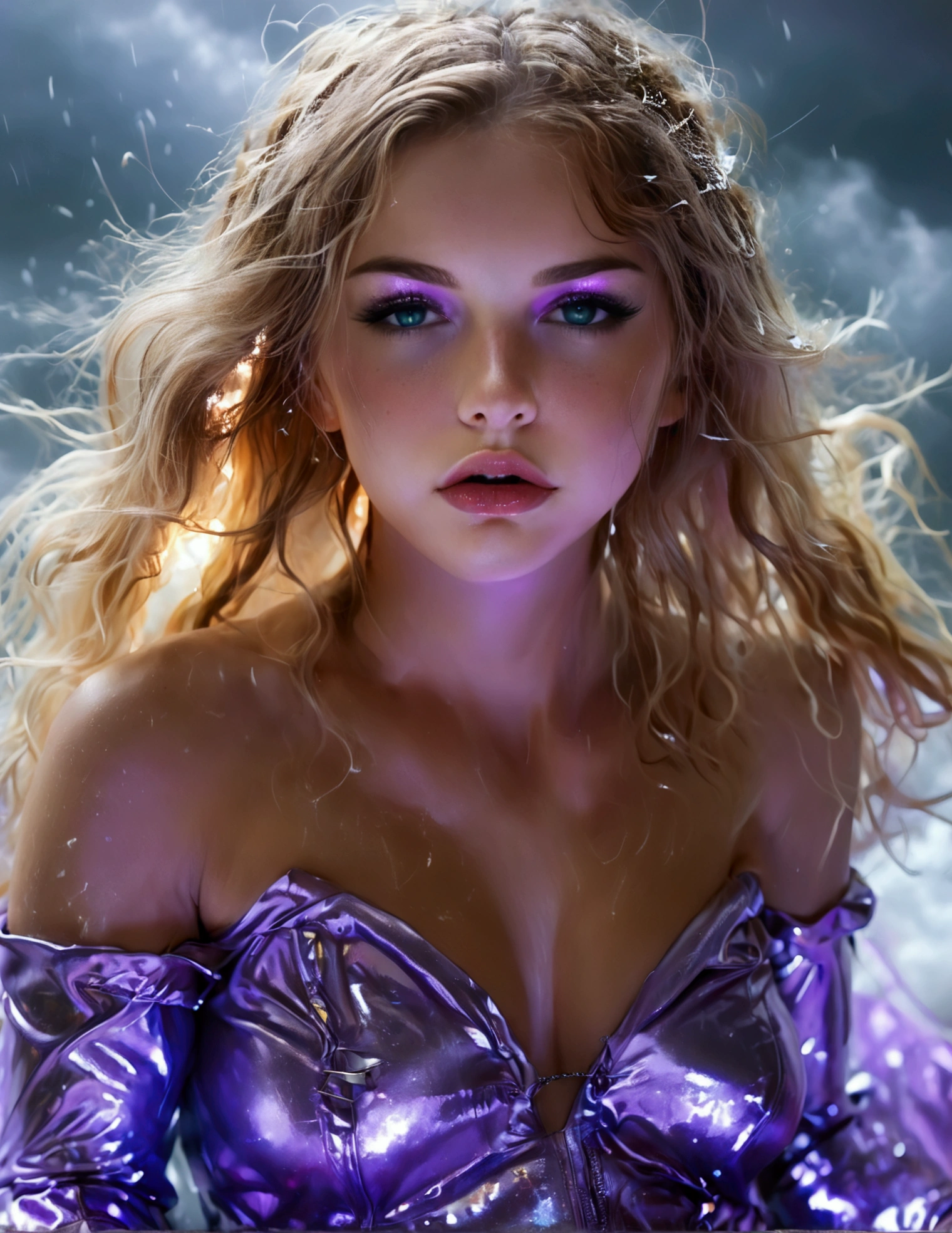 A cute woman (nude, age 25, violet eyes, violet metallic sleeves, violet metallic thigh high boots) is a lightning goddess floating in the storm clouds, held in the air by arcs of lightning