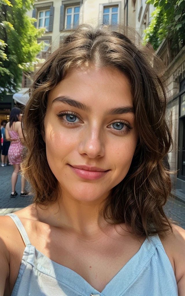 Beautiful brunette, allone, wearing a summer dress (22 years old, innocent face, naturally wavy hair, blue eye), ((Selfie auf dem upper body, a happy)), masterpiece, beste-Qualit, Ultra-detail, 独奏, En plein air, (Morning Day, munich germany), City , Citycenter, (Sunny, munich) cheerful, analog style (look at the viewer: 1.2) (Skin texture) (Film grains: 1.3), (warm hue, warmer Ton: 1.2), a close-up of a, cinematiclight, sidelighting, extra high resolution, better shadow, SPIRIT, upper body, beautiful summer dress