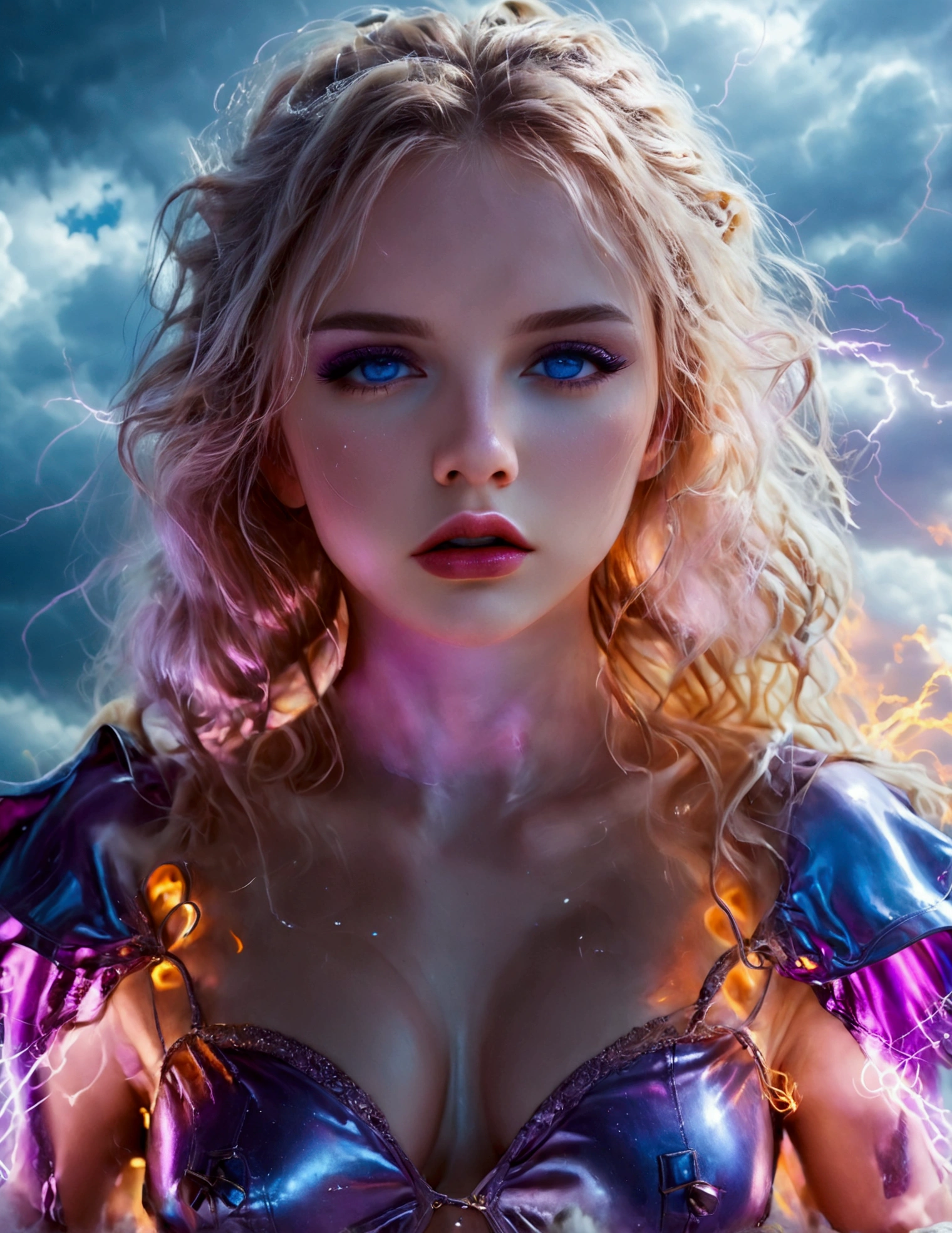 A cute woman (nude, age 25, violet eyes, violet metallic sleeves, violet metallic thigh high boots) is a lightning goddess floating in the storm clouds, held in the air by arcs of lightning
