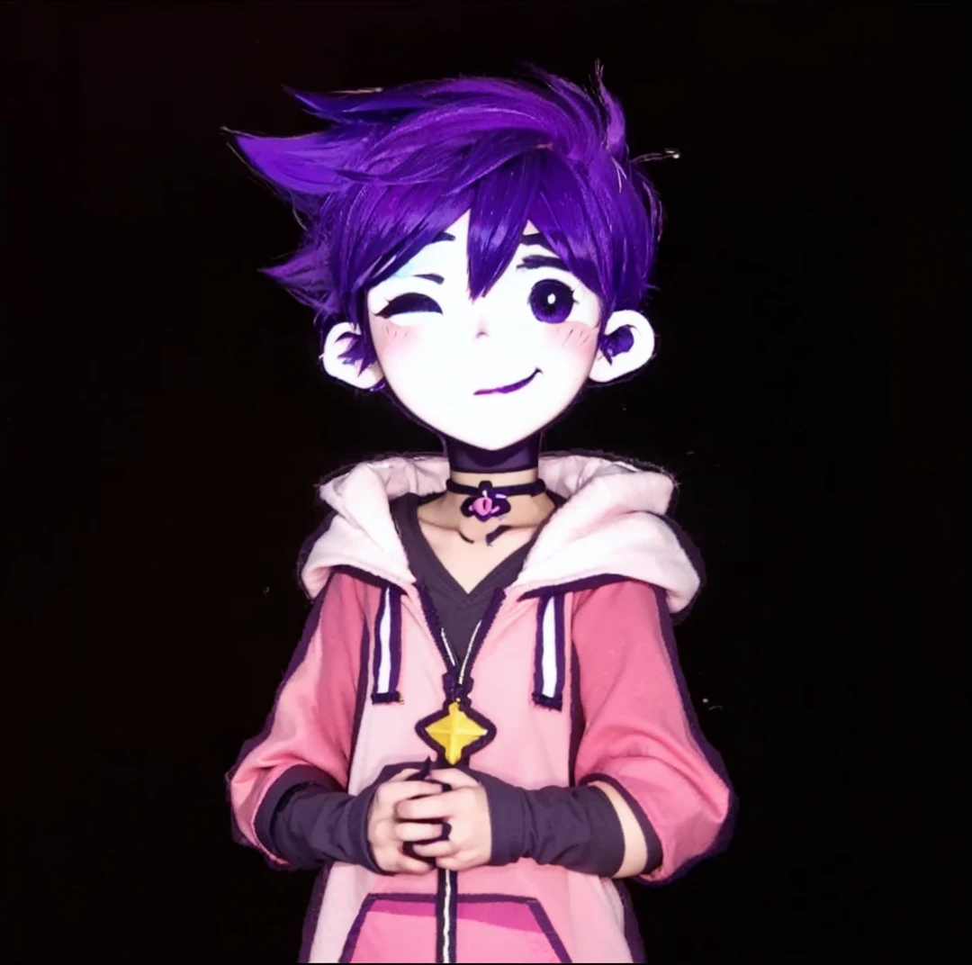 Purple hair, small eyes, yellow eyes, blushing, pink hoodie, thin body, pink eyebrows