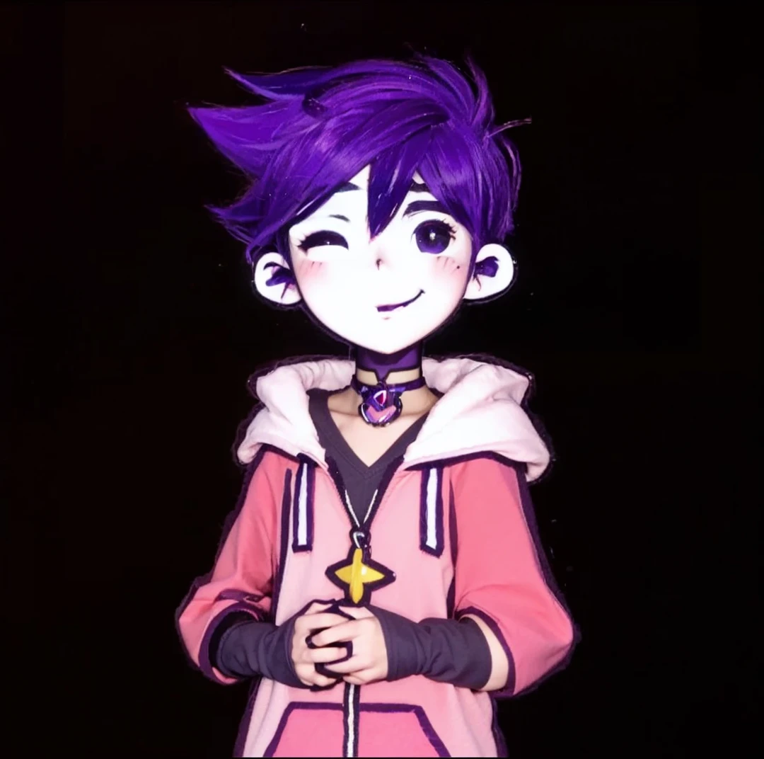 Purple hair, small eyes, yellow eyes, blushing, pink hoodie, thin body, pink eyebrows