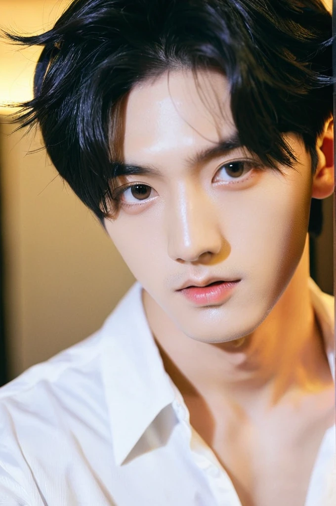One boy, Young man, black hair, tying up hair, Wolf Mash Hair、Male K-Pop Idols, A camera full of love, Levi Ackerman, Medium Portrait Soft Light, chop, Beautiful Model, Oval Face, Vivid、Selfie、In a dark room