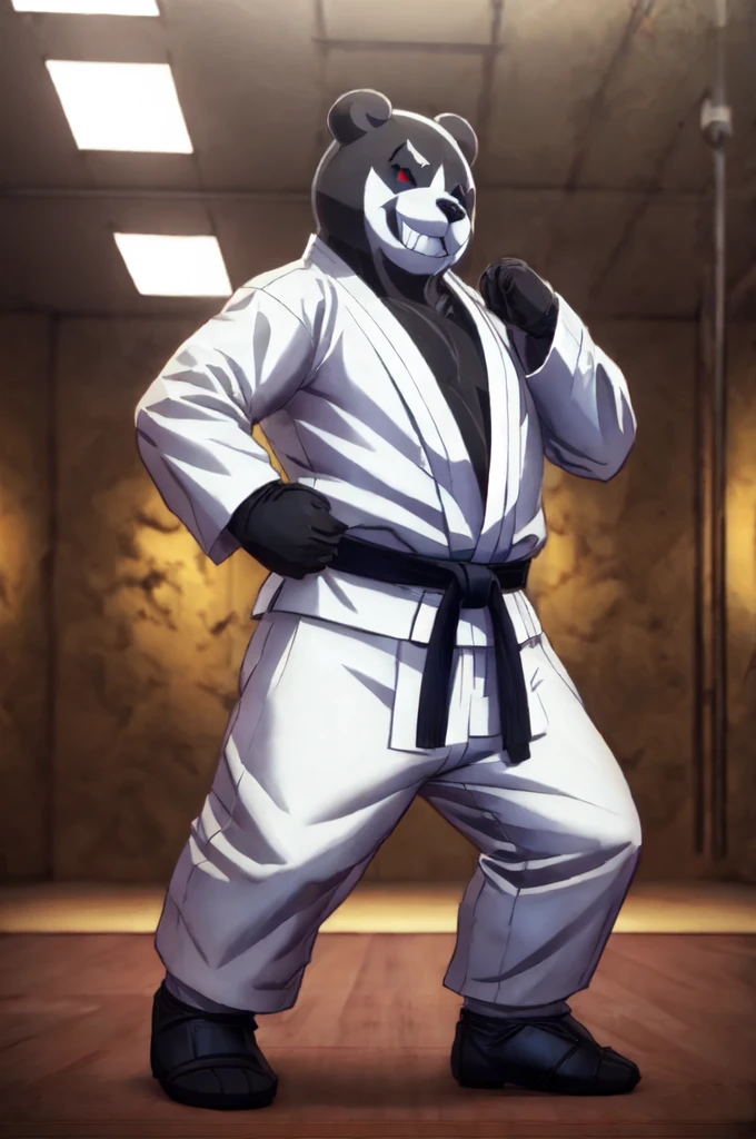 (((Barefoot furry character, full body, cinematic setting, furry male, plantigrade)))

(((monokuma))), bear, grin, teeth, half black and half white, judo, blue kimono, (((ankle braces))), (((martial art footwear)))

BREAK, masterpiece, ((detailed background)), ((dynamic background)), 8K, (masterpiece:1.5), intricate details, highly detailed, extreme detail, octane render, unreal engine, fine art, best quality, highres, (detailed face:1.5), ((full_body)), UHD, (((perfect hands))), low light, set at night