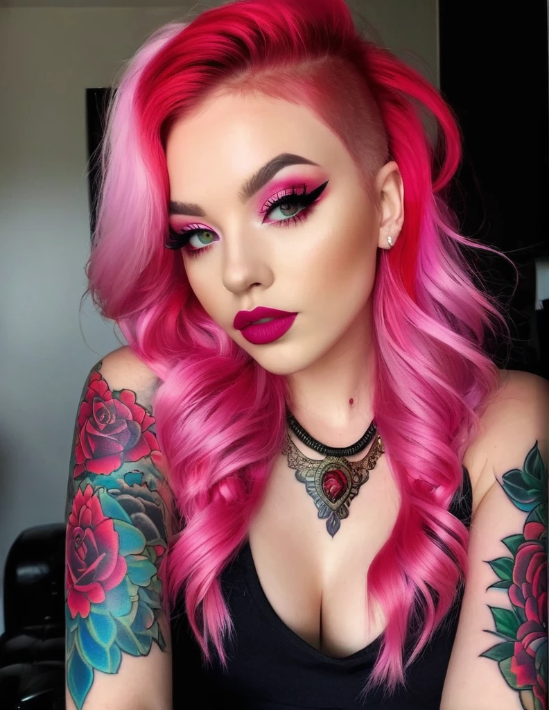 very attractive 25 year old female with long bright pink hair,  The image features a woman with a dark, intricate tattoo on her face, red lips, and red eyes.