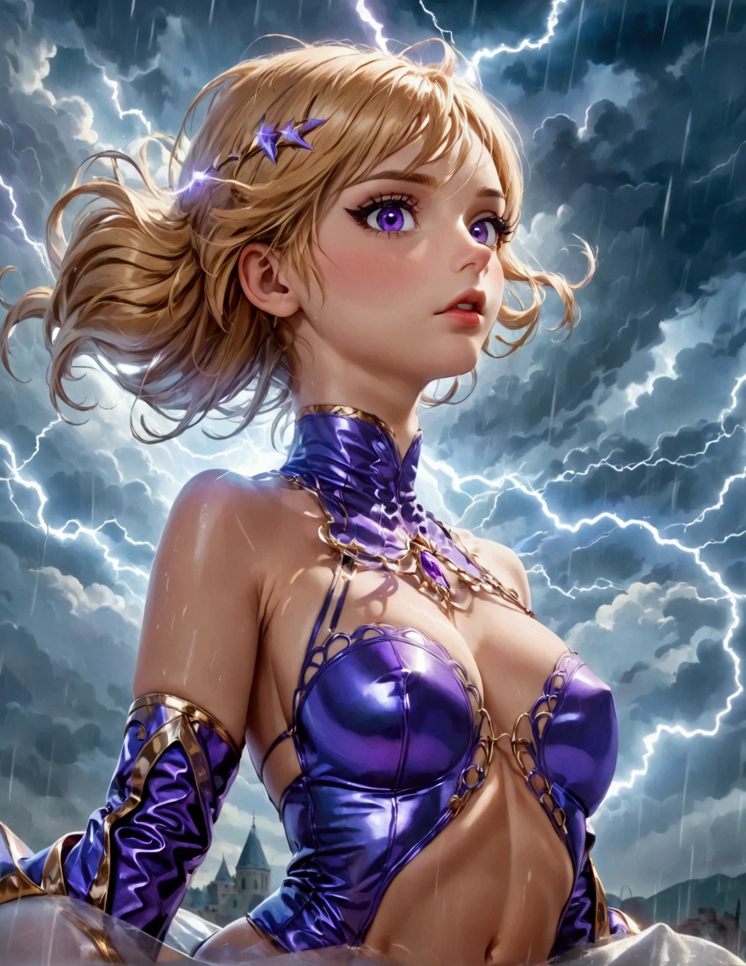 A cute woman (nude, age 25, violet eyes, violet metallic sleeves, violet metallic thigh high boots) is a lightning goddess floating in the storm clouds, held in the air by arcs of lightning