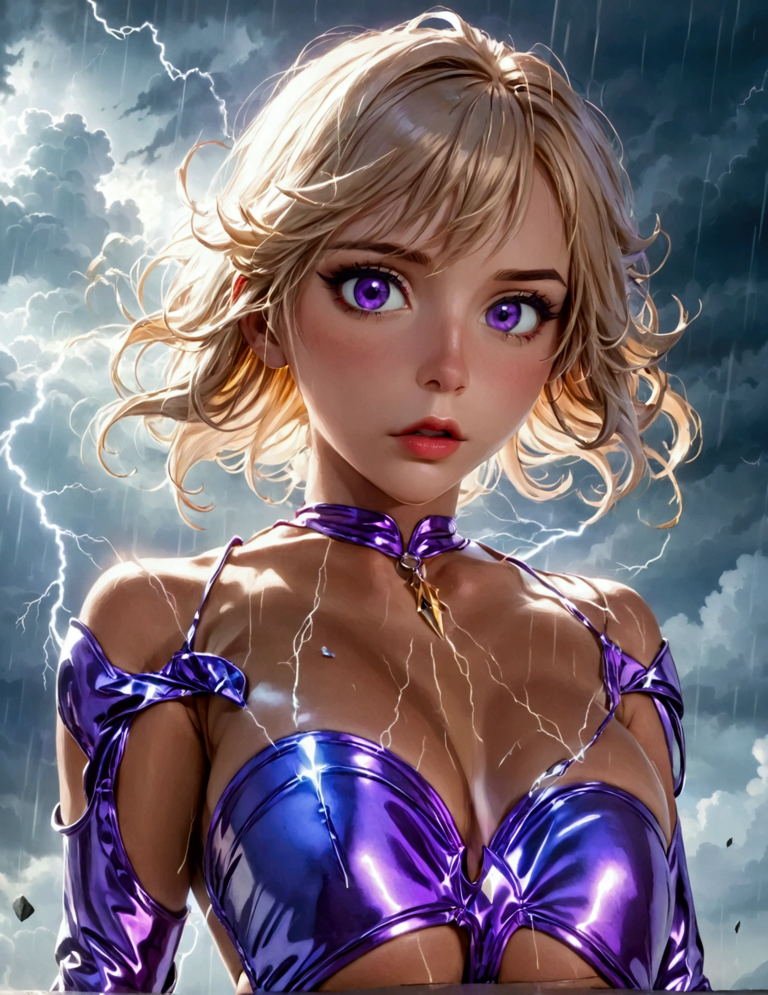 A cute woman (nude, age 25, violet eyes, violet metallic sleeves, violet metallic thigh high boots) is a lightning goddess floating in the storm clouds, held in the air by arcs of lightning