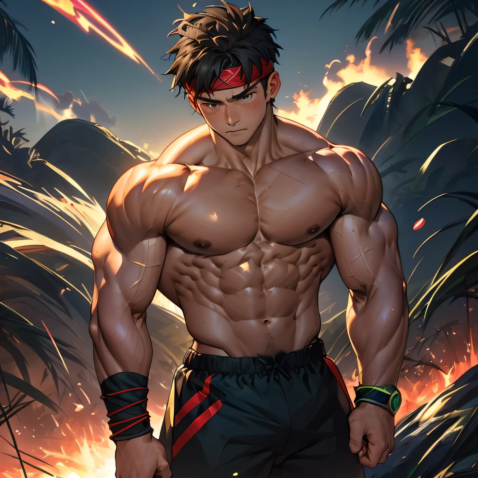 (Masterpiece, Best quality 17 year old boy, black background), solo, Young, boy, muscler, Shirtless, topless, ((((surrounded by swirling holy aura)))), (Dark Short straight hair, ((almost completely shaved hair)), under cut, brown eyes), (red headband, ((black wristband))), Vivid colors, ((hot Abs:1.2, abs!, big abs, big breast:1.2, chest!, muscler upper arms, clenched fist)), muscler!, muscler body, Man with martial arts stance, detailed face, detailed muscle, (((random fighting pose, powerful, action, rippling muscles, green aura around body, concentrate, deep night, male focus)))