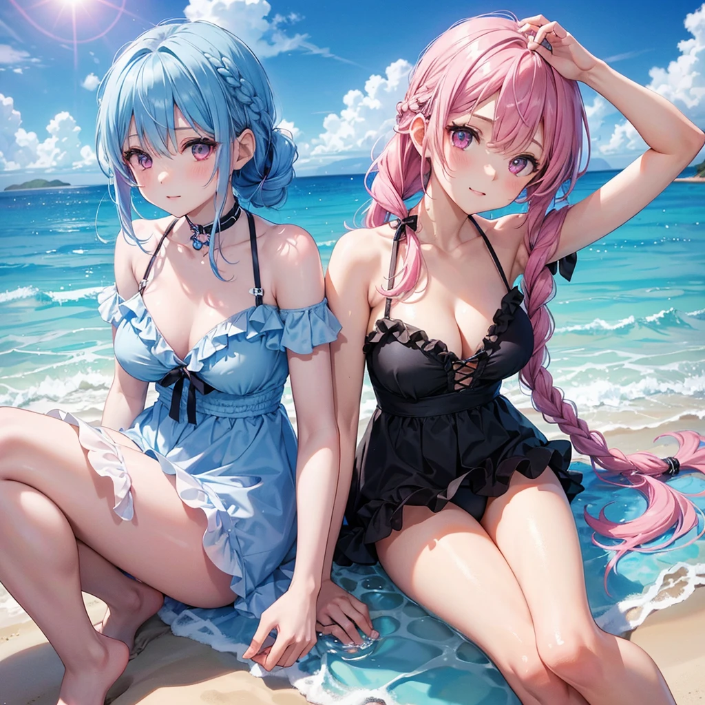 (Sky blue medium hair),(Braided hair tied together)、Pink eyes、Fair skin、(whole body)、(One Girl)、Black frilly swimsuit、Stylish sunglasses、Shining white sand beach in midsummer、Okinawa&#39;s ocean、A happy smile、、(masterpiece、Highest quality、Very detailed、Best Shadow)、(Detailed Background)、(Beautifully detailed face)、High contrast、(Best lighting、Very delicate and beautiful)、((Cinematic Light))、colorful、Hyper Detail、Dramatic Light、Exquisite detail、Standing with your legs apart