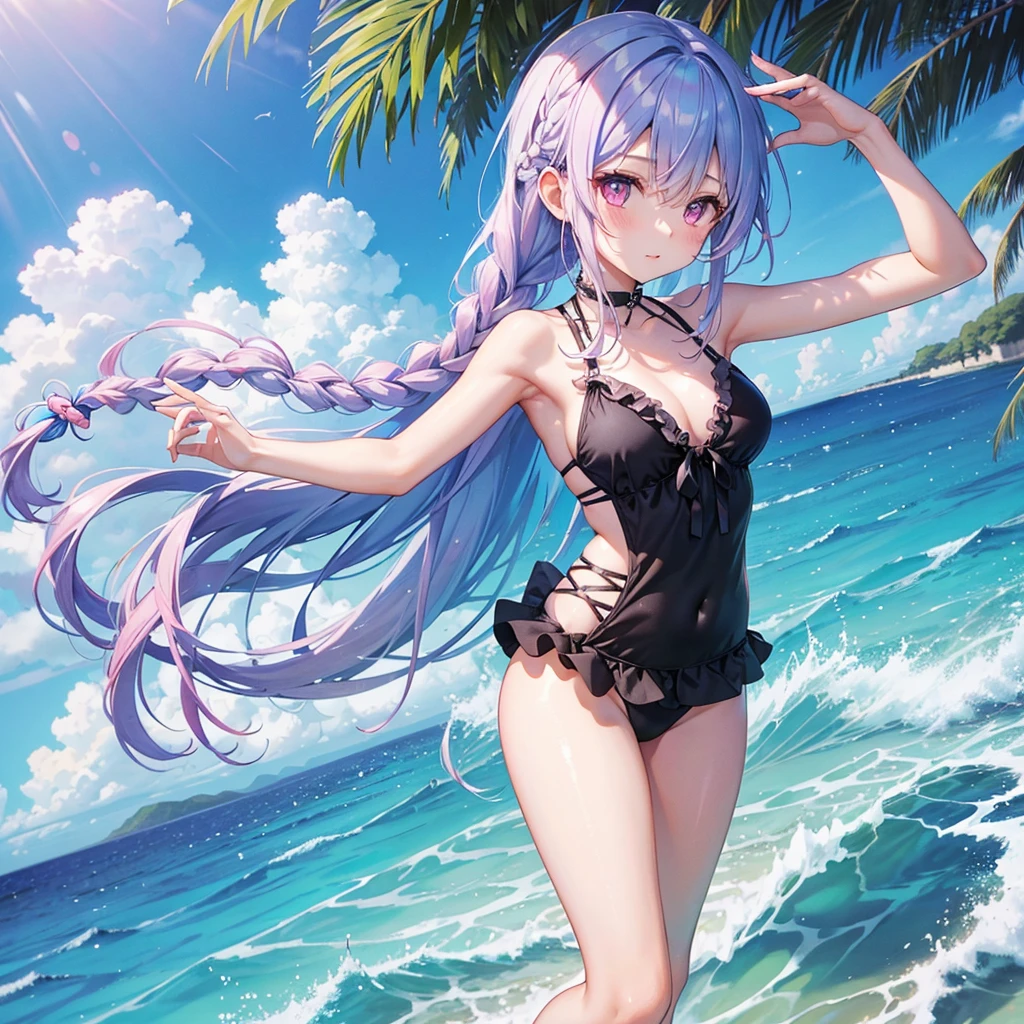 (Sky blue medium hair),(Braided hair tied together)、Pink eyes、Fair skin、(whole body)、(One Girl)、Black frilly swimsuit、Stylish sunglasses、Shining white sand beach in midsummer、Okinawa's ocean、A happy smile、、(masterpiece、Highest quality、Very detailed、Best Shadow)、(Detailed Background)、(Beautifully detailed face)、High contrast、(Best lighting、Very delicate and beautiful)、((Cinematic Light))、colorful、Hyper Detail、Dramatic Light、Exquisite detail、Standing with your legs apart