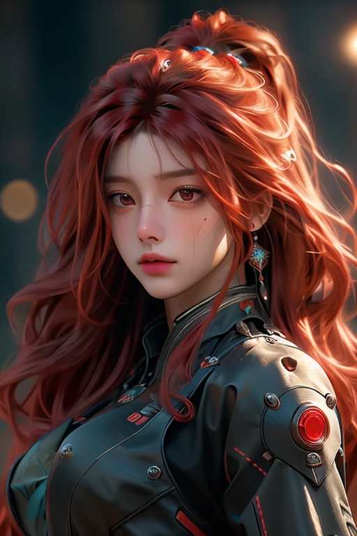 ((best quality)), ((Masterpiece)), (details:1.4), 3d, Image of a beautiful cyberpunk woman.., HDR (high dynamic range), long hair, red hair, Police future, PBR surface,After processing,Anisotropic filtration,depth of field, Maximum clarity and clarity, multi-layered surface, perfect proportions, 8K raw files, Scars on the face, future world, at night