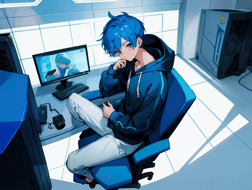 1 boy, short blue hair, blue eyes, wearing a hoodie, sitting in front of a computer, opening a cellphone, high quality, 8k