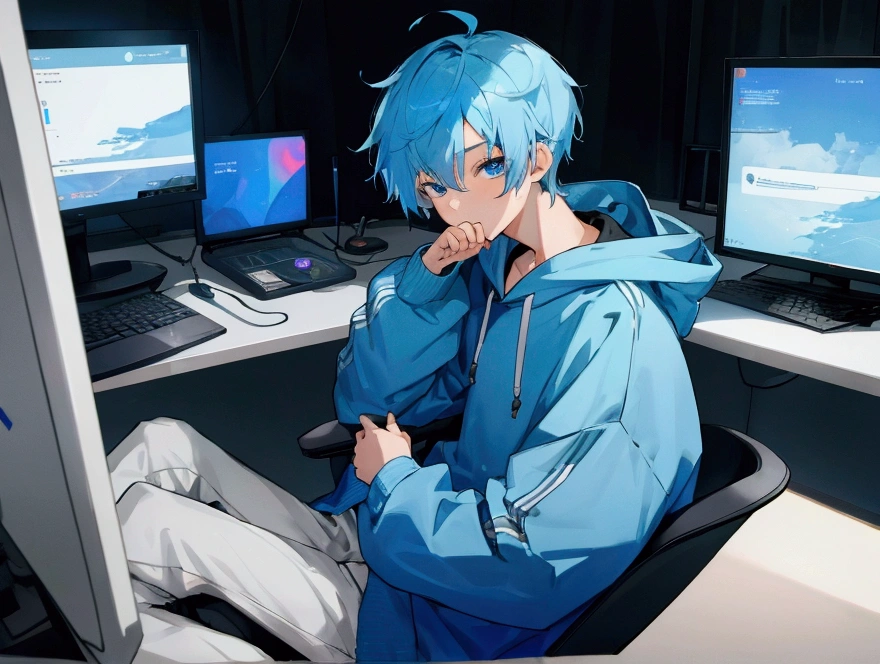 1 boy, short blue hair, blue eyes, wearing a hoodie, sitting in front of a computer, opening a cellphone, high quality, 8k