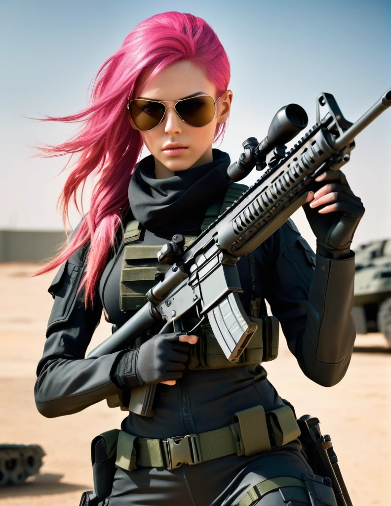 very attractive 25 year old female with long bright pink hair, a woman in a black outfit holding a rifle and wearing sunglasses, soldier girl, mechanized soldier girl, military girl, beautiful female soldier, female lead character, infantry girl, of a sniper girl in war, solo female character, future combat gear, close up half body shot, quiet from metal gear solid v, wearing tactical gear, dressed in tactical armor