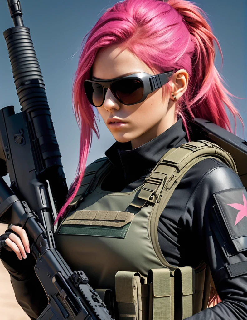 very attractive 25 year old female with long bright pink hair, a woman in a black outfit holding a rifle and wearing sunglasses, soldier girl, mechanized soldier girl, military girl, beautiful female soldier, female lead character, infantry girl, of a sniper girl in war, solo female character, future combat gear, close up half body shot, quiet from metal gear solid v, wearing tactical gear, dressed in tactical armor