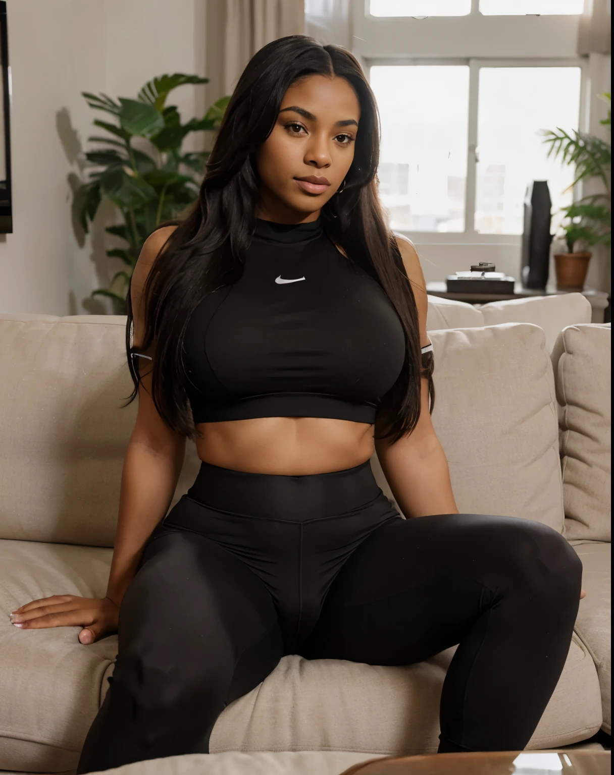 Mixed black ethnicity, curvy girl, long straight hair, sexy sport clothes, sexy pose, cameltoe, in the living room, on sofa