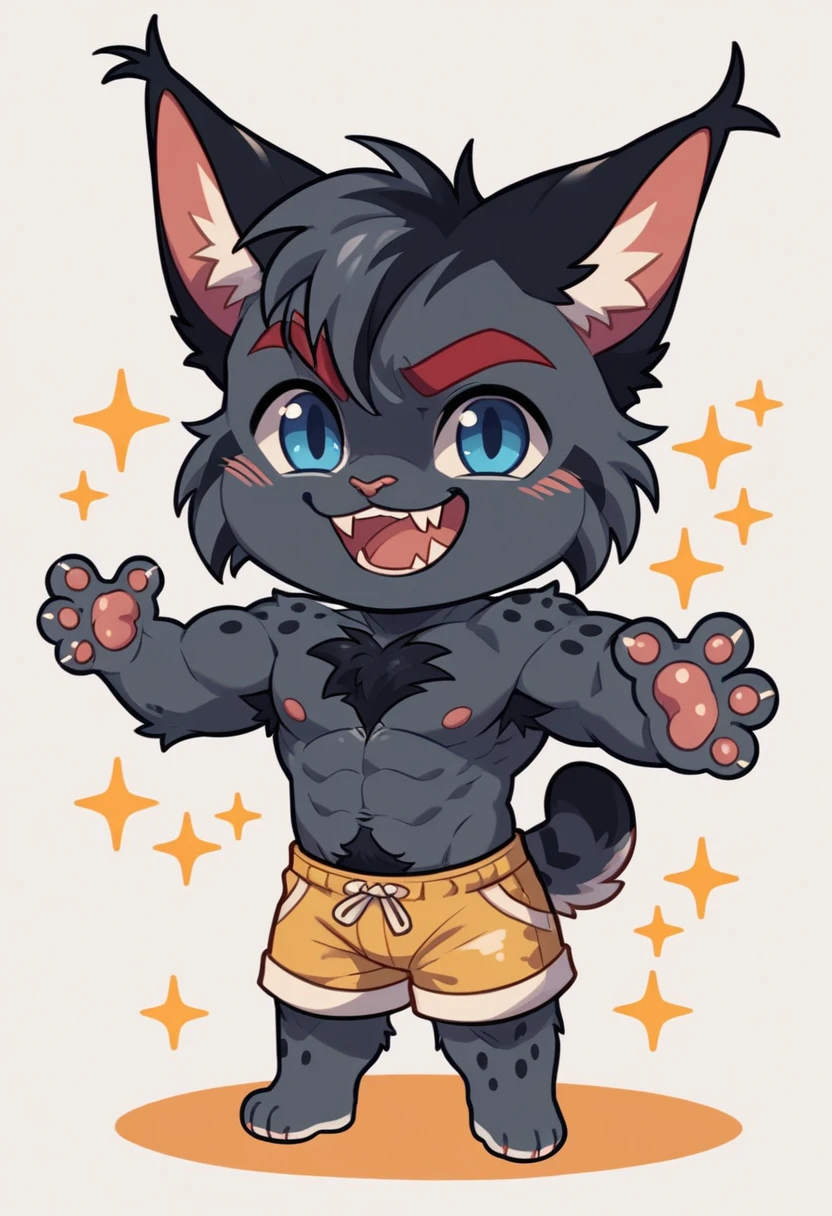 ((Furry lynx cat)), ((chibi)), chibi, chibi, chibi, body fully covered in black fur, ((fully covered in black fur)), ((black fur)), sharp fangs, sharp teeth, summer shorts outfit, cute, blue eyes, red chest hair, red eyebrows, red armpit hair, black nose, black tail, black tail with red tip, red whiskers, happy, smile, correct Anatomy, correct hand, ((white background)), (Acting happy), (hands up), enjoy, ((front view)), full body, sexy, (flexing), (muscle), black tail, black tail red tail tip, red eyebrows, red chest hair, red armpit hair, chibi, chibi, chibi, chibi