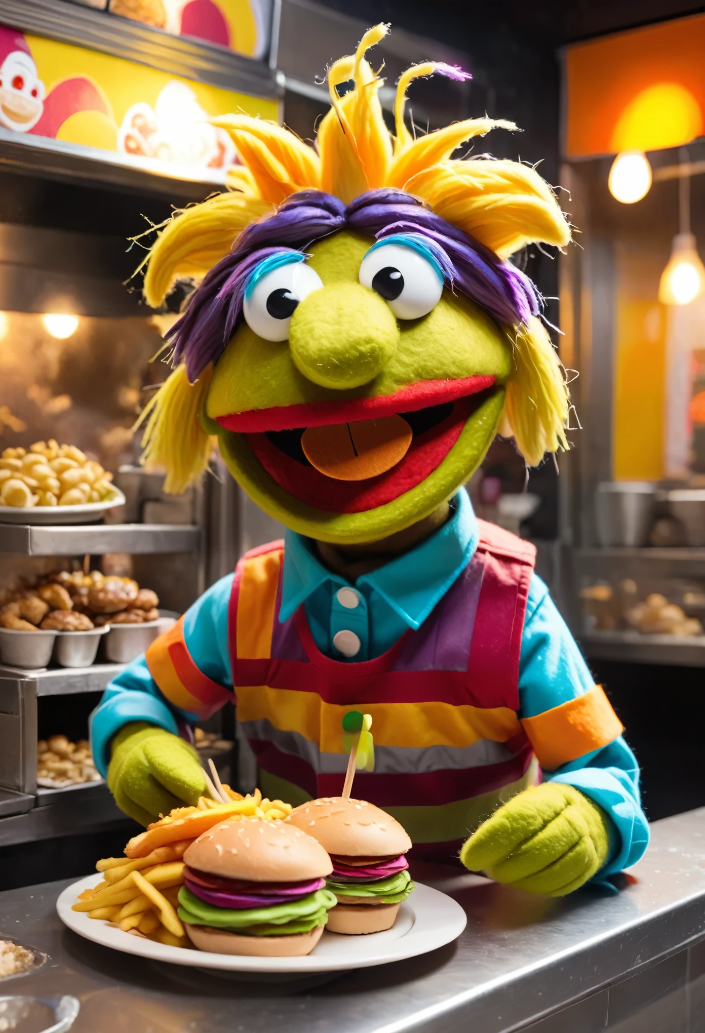 in a felt puppet world style,  fast food  worker in a modern urban setting, wearing a colorful uniform and serving food with a friendly smile