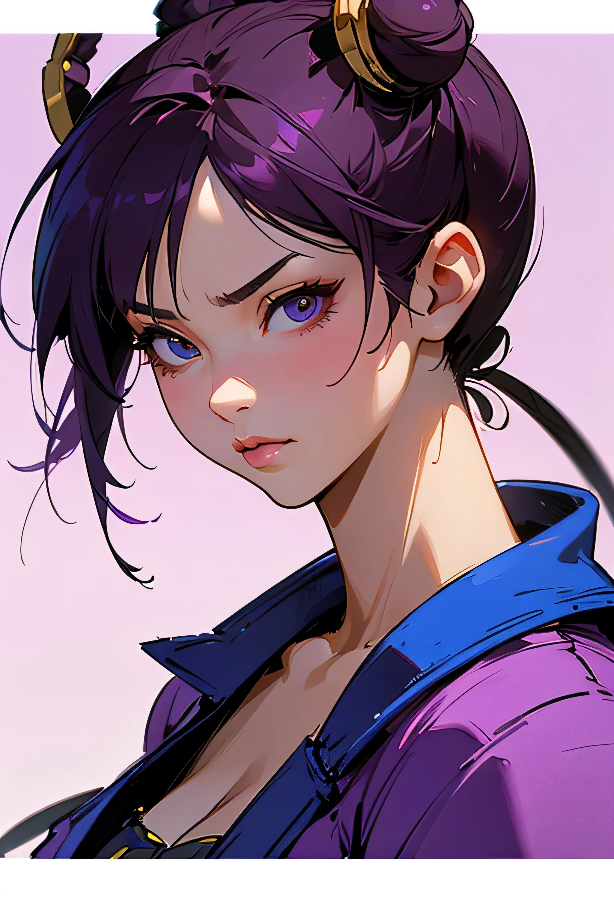 a close up of a woman with purple hair and a purple jacket, Chun-Li's portrait, as a character in Tekken, portrait of Chun-Li, Badass anime 8 K, Juri Han, de Street Fighter, extremely detailed artegerm, artegerm ; Motor irreal 3d, katana zero video game character, Chun-Li