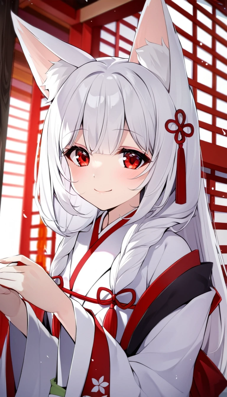 one girl, fox ears, shrine maiden, white hair, beautiful, gently, naive, smile cutely, red eyes