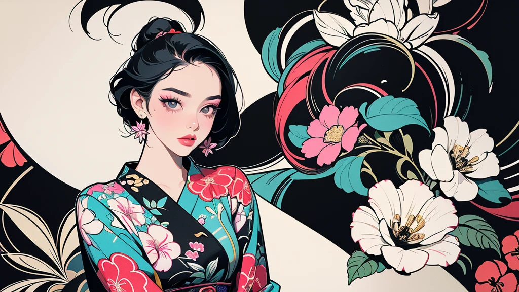Create a pop art style digital artwork, Bold makeup and colorful fashion、Featuring vibrant and confident women, Cinematic color scheme, Surrounded by vintage floral patterns, Powerful brushwork,The atmosphere should be dynamic., Upper Body, drawing, figure, grayscale, tropical, Adubon fruit, Adubon Plants, Lots of flowers, vector, oil, Asian Girl, black eye