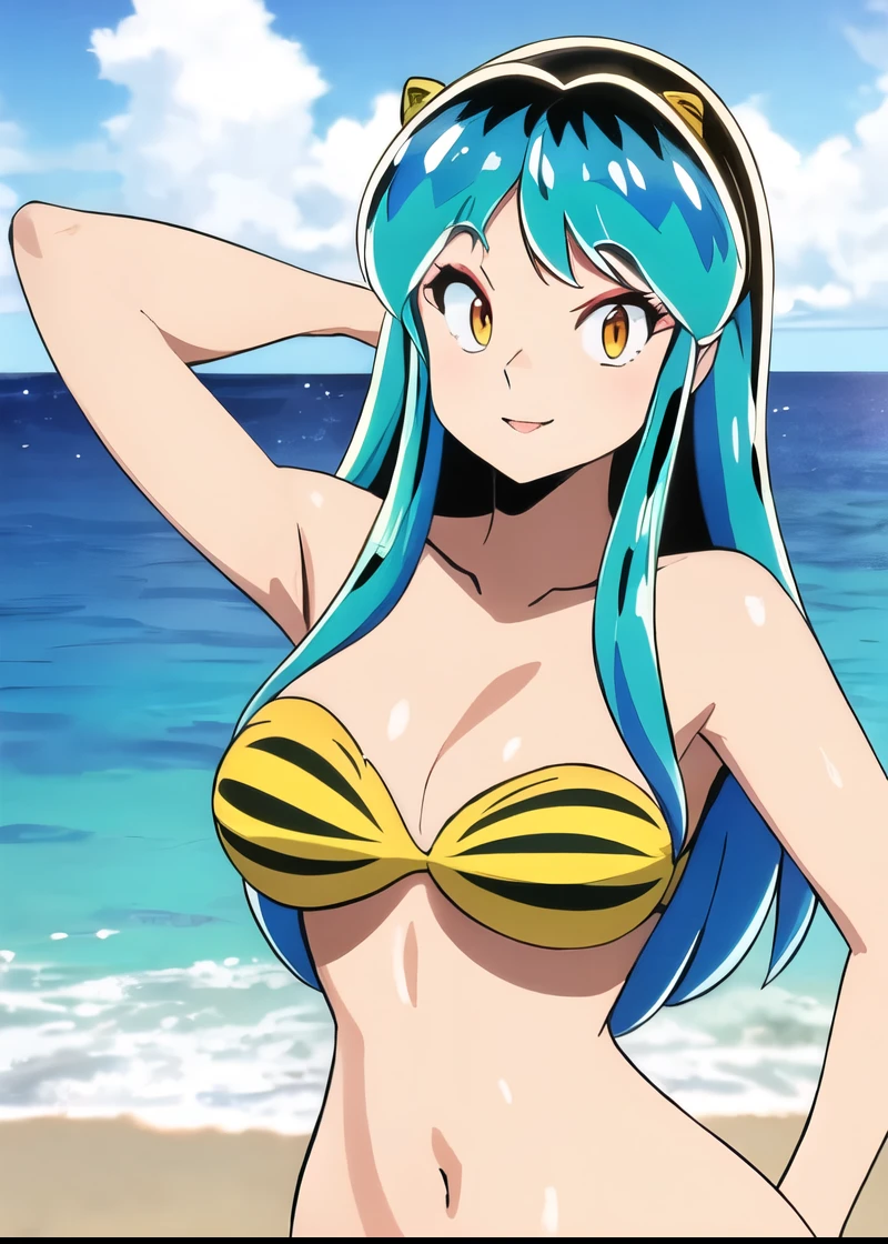 (extremely detailed 8k wallpaper:1.2), masterpiece, best quality, lum_bikini, (sexy posing:1.2), cowboy shot, looking at viewer, smile, ocean