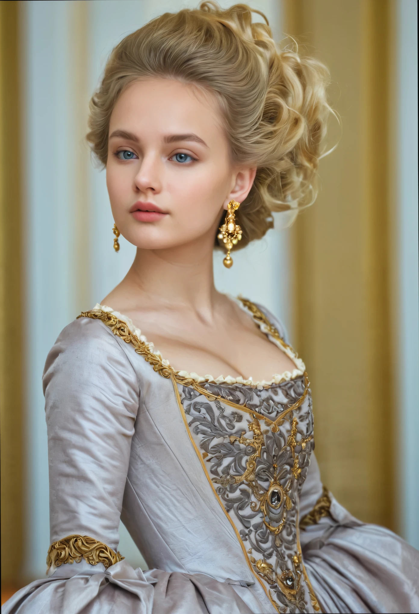 Close up shot , looking at viewer, Russian girl, 18 age old, (Blond hair, middle hair ,  wince, Gray eyes, beautiful lip,  serious),  gold crescent earrings, gold neckless, (big breasts, slender whist, wide hip, real public hair) ,(Rococo 18the century dress) ,in Palace, in Moskva, textured skin , HI detailed skin, (foreshortening, Canon, UHD, anatomically correct,  super detail, high details, highness, 