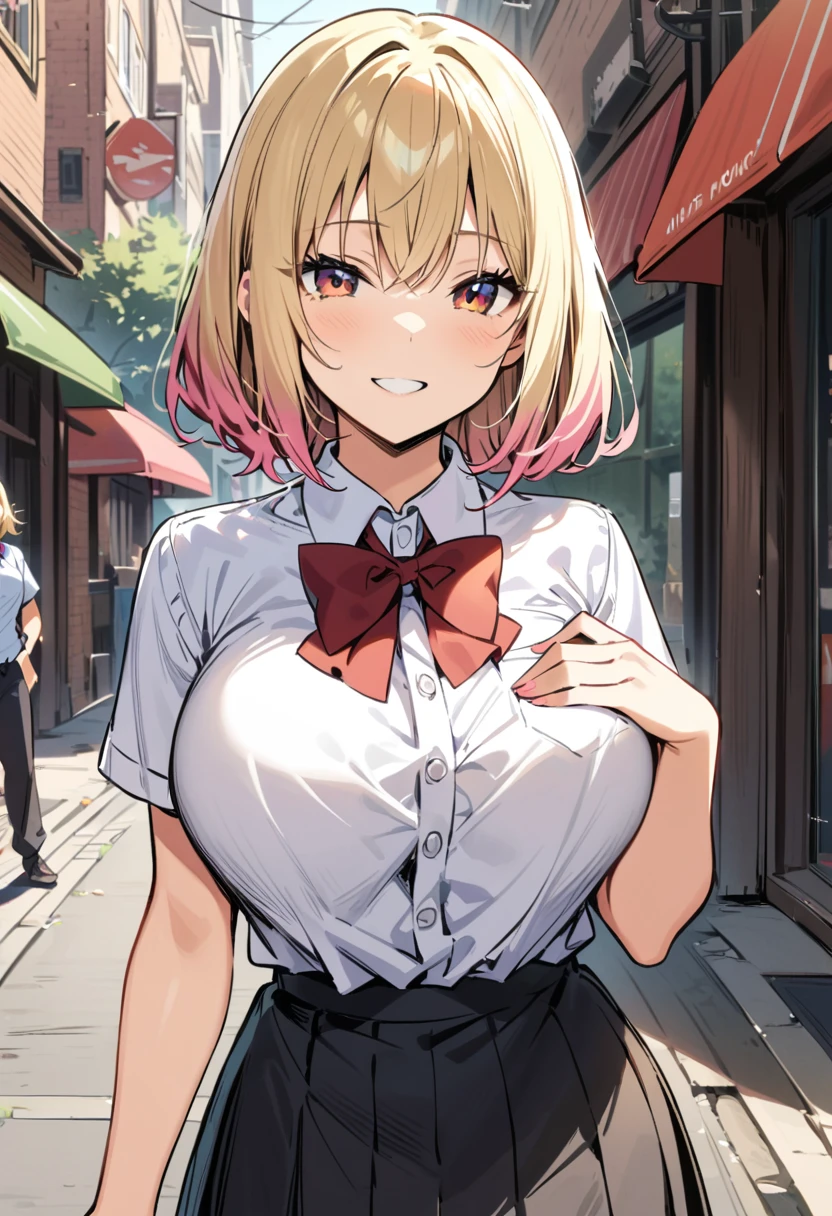 masterpiece, best quality, highres,(pov_hand grabbing breasts),,1girl, 1boy,age difference,bowtie,blonde hair,breasts,long hair,pink hair,pleated skirt,shirt tucked in,short hair,skirt,smile,tented shirt,in street