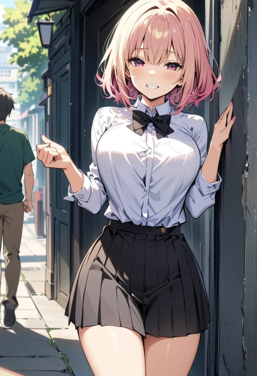 masterpiece, best quality, highres,(pov_hand grabbing breasts),,1girl, 1boy,age difference,bowtie,blonde hair,breasts,long hair,pink hair,pleated skirt,shirt tucked in,short hair,skirt,smile,tented shirt,in street
