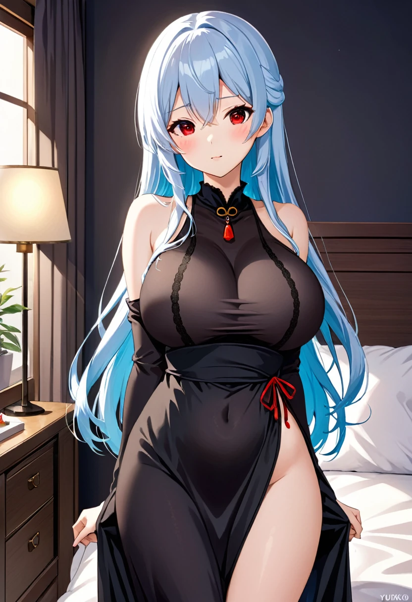 My name is Yukiko.I am a white test woman with long light blue hair,red eye color.I am 1.62 cm tall . My breasts measure 200 cm, my waist 40 cm and my hips 200 cm.Dressed in a short black nightgown . With big breasts 200 cm